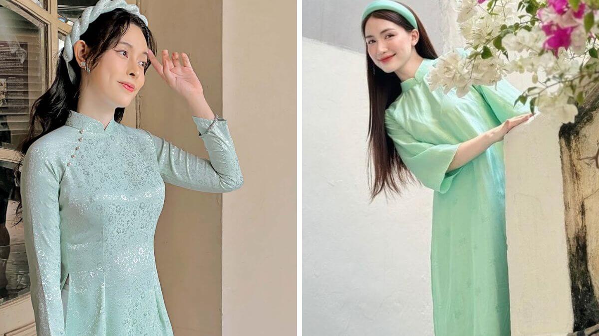 Những mẫu áo dài gấm xanh ngọc ngày càng được nhiều người ưa chuộng