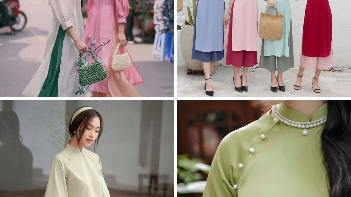 Áo dài hoa nhí cổ thuyền có thể kết hợp với nhiều phụ kiện để tạo nên nét đẹp riêng biệt