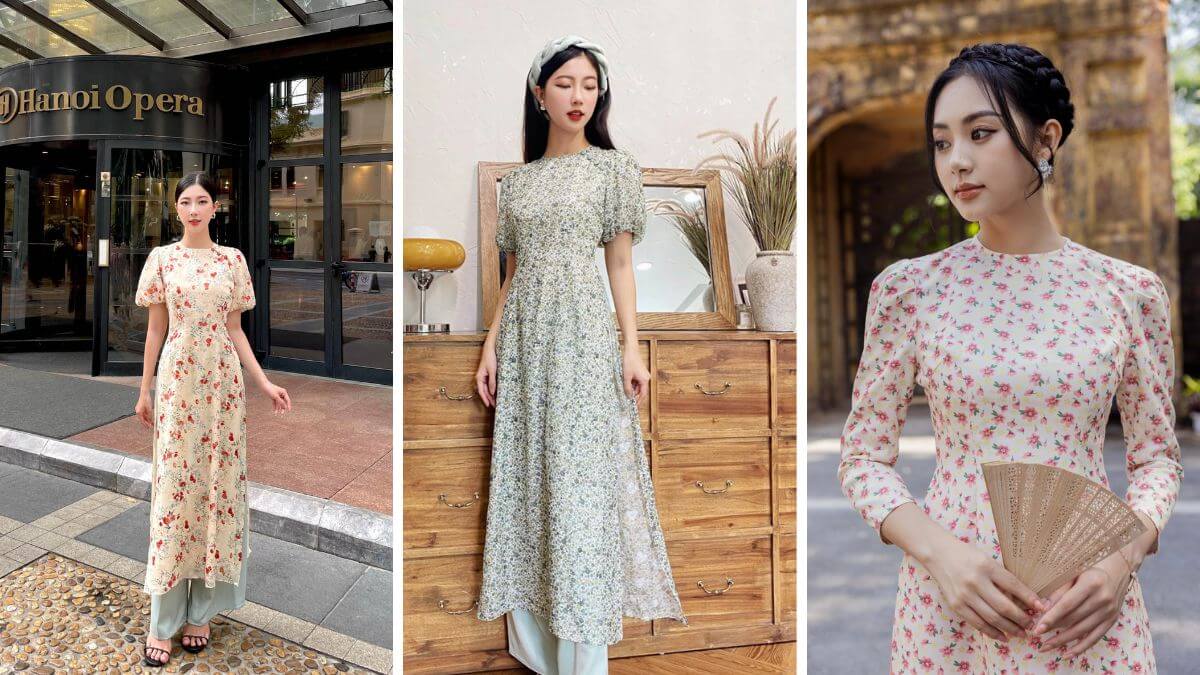 Các mẫu áo dài hoa nhí cổ tròn thanh lịch, tinh tế