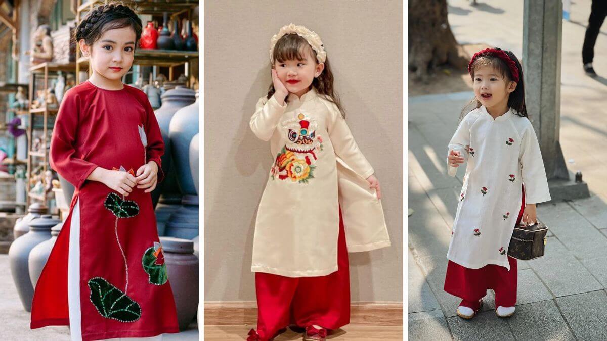 Các kiểu áo dài cách tân cho bé gái thường có hoa ăn và màu sắc sặc sỡ