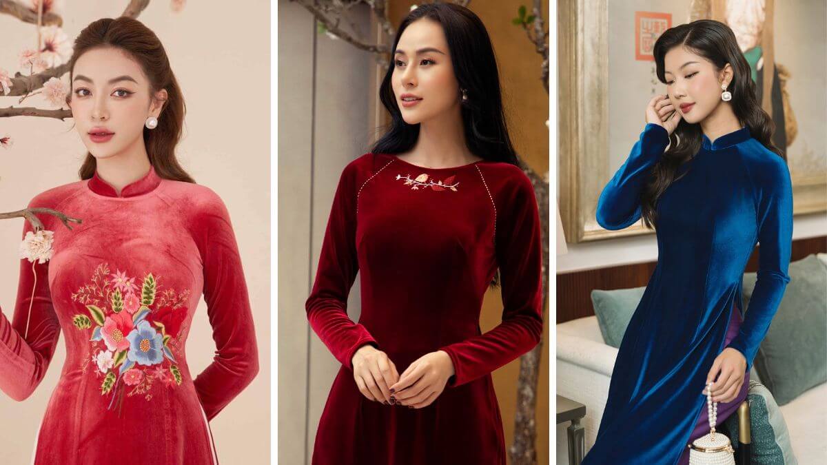 Người mặc có thể kết hợp với các phụ kiện khi diện áo dài nhung