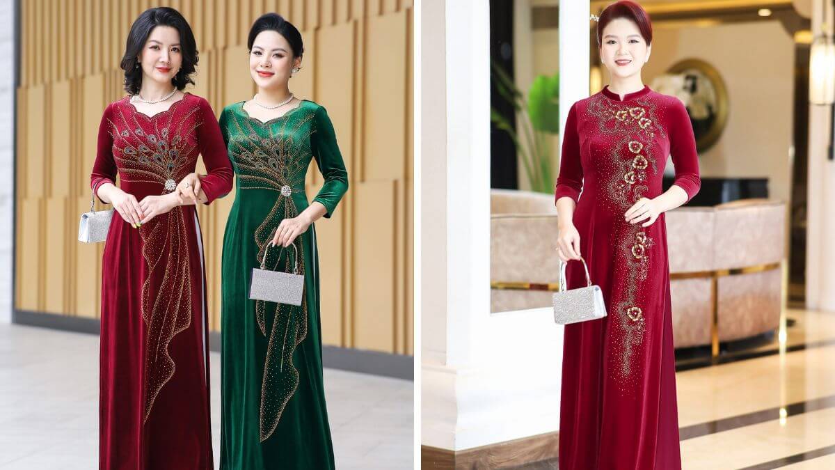 Các mẫu áo dài nhung bà sui có thể kết hợp với các phụ kiện