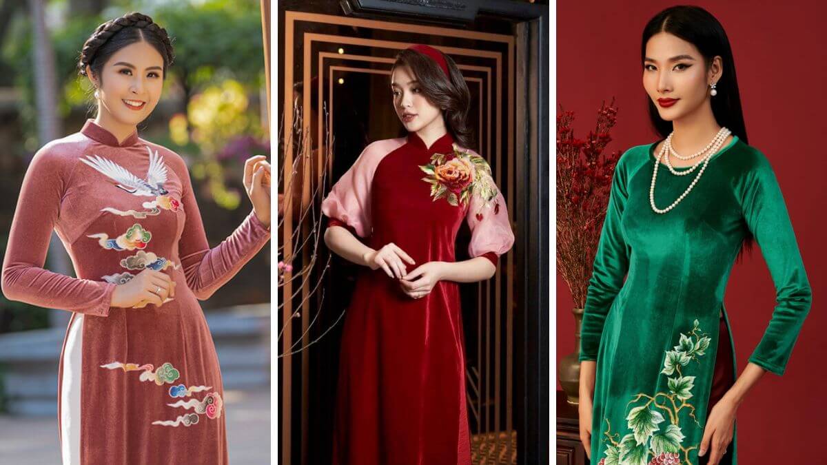 Bạn có thể kết hợp với những phụ kiện khác nhau để áo dài nhung thêu thêm độc đáo
