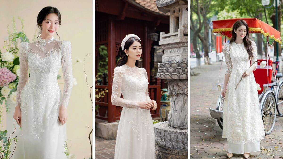 Áo dài ren trắng có thể kết hợp với nhiều mẫu phụ kiện khác nhau