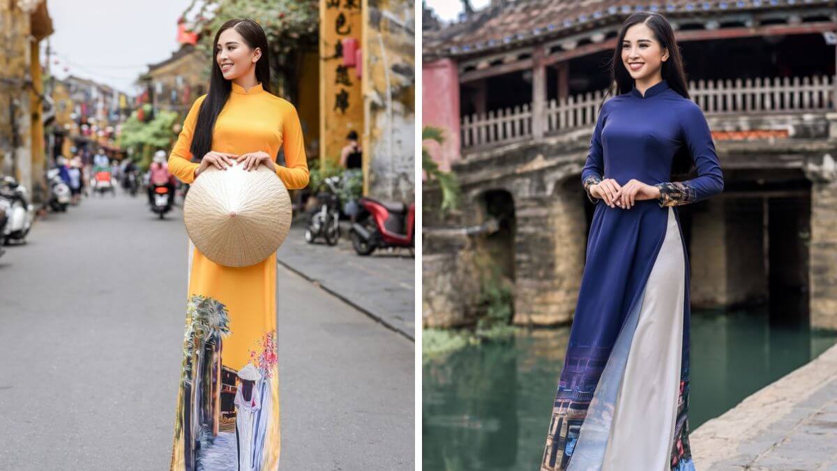 Áo dài họa tiết phố cổ là sự kết hợp của nhiều vẻ đẹp độc đáo