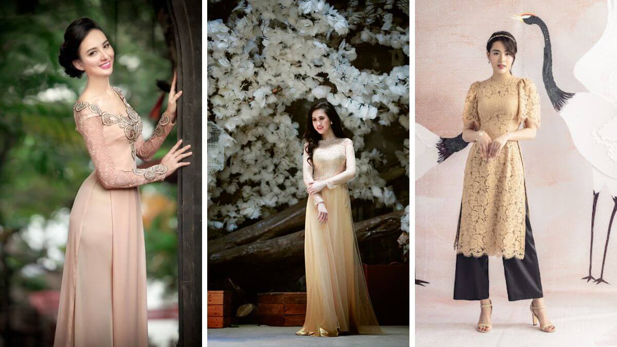 Những kiểu áo dài màu nude ngày càng được thiết kế đa dạng