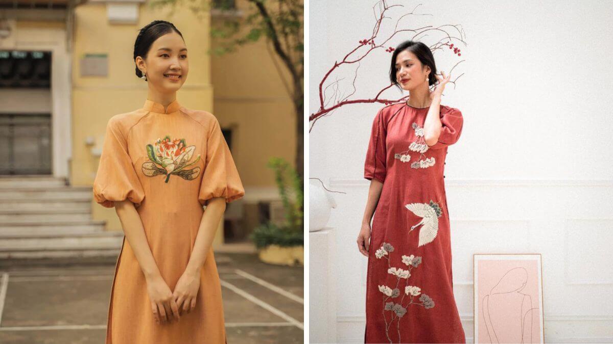 Những mẫu áo dài linen thêu tay ngày càng có họa tiết đa dạng