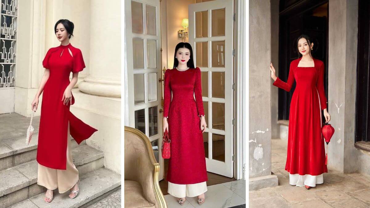 Những mẫu áo dài cách tân màu đỏ có thể kết hợp với các trang phục khác nhau